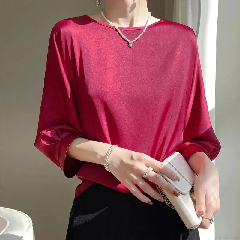 2025 New in Summer Satin Silk Half-Sleeve Tee Tops Basic Solid Women‘S T-Shirt Casual O-Neck Thin Shirts Ladies Loose Blouses