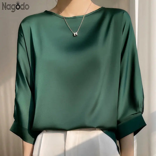 2025 New in Summer Satin Silk Half-Sleeve Tee Tops Basic Solid Women‘S T-Shirt Casual O-Neck Thin Shirts Ladies Loose Blouses