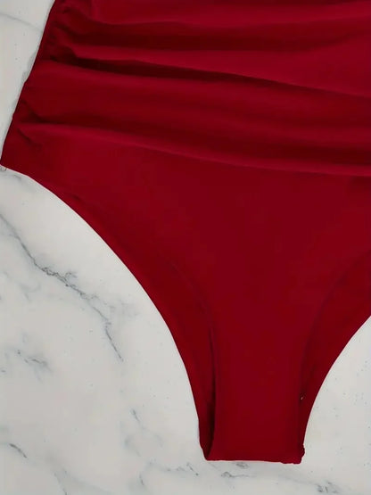 Contrast Mesh One Piece Swimsuit, V Neck Solid Color Backless Tummy Control High Cut Bathing Suit, Women'S Swimwear & Clothing