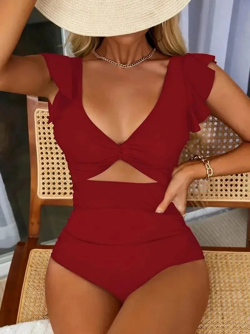 Contrast Mesh One Piece Swimsuit, V Neck Solid Color Backless Tummy Control High Cut Bathing Suit, Women'S Swimwear & Clothing
